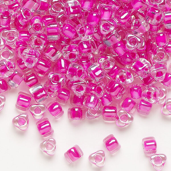 Seed bead, Miyuki, glass, transparent clear color-lined fuchsia, (TR1110), #5 triangle. Sold per 250-gram pkg. image number 0