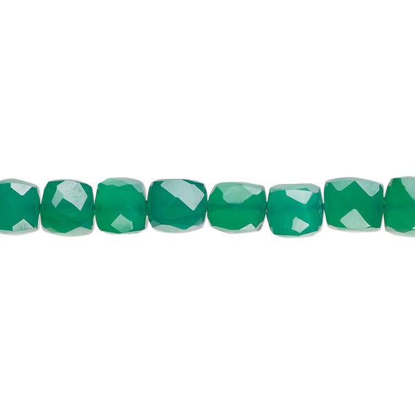 Bead, green onyx (natural), 5-6mm hand-cut faceted cube with 0.4-1.4mm hole, B+ grade, Mohs hardness 6-1/2 to 7. Sold per 10-inch strand, approximately 40 beads. image number 0