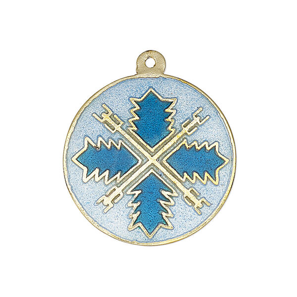 Drop, enamel and gold-finished brass, dark blue and light blue, 25-26mm single-sided flat round with southwest design. Sold per pkg of 2. image number 0