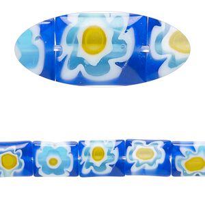 Bead, millefiori glass, translucent cobalt blue / white / multicolored, 9x7mm-10x8mm puffed rectangle. Sold per 14-inch strand, approximately 35 beads.