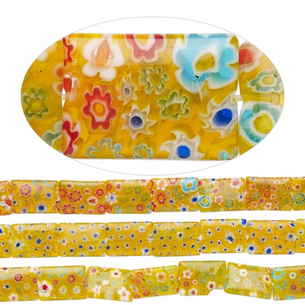 Bead mix, millefiori glass, translucent yellow-orange and multicolored, 18x13mm puffed rectangle with flower design. Sold per pkg of (3) 14-inch strands. image number 0