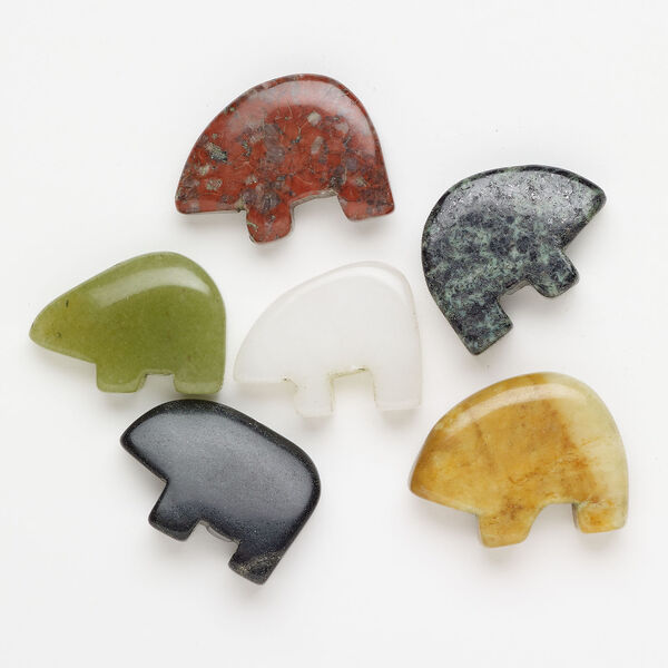Multi-gemstone 1pkg6, half-drilled puffed / flat zuni-style bear, focal mix 33x24mm-39x26mm image number 0