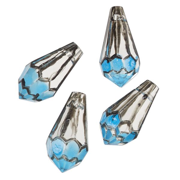 Bead, painted glass, clear / turquoise blue / black, 20x9.5mm top-drilled faceted teardrop. Sold per pkg of 4. image number 0