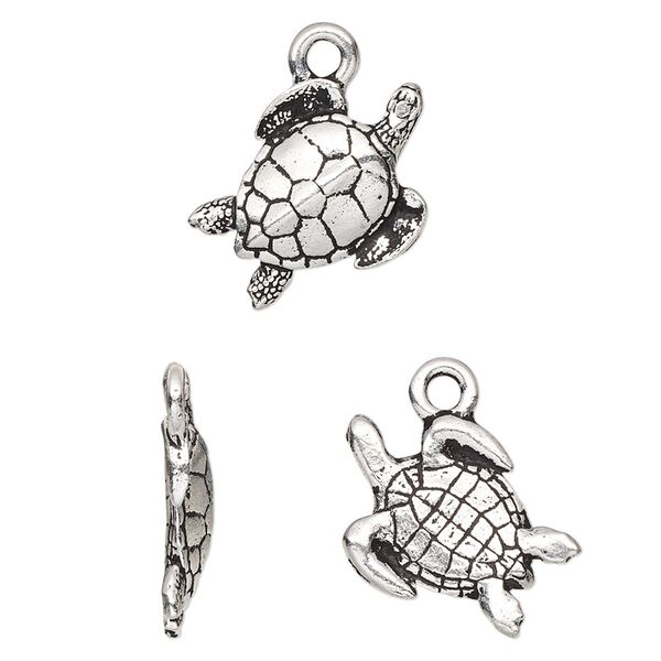 Charm, TierraCast®, antique silver-plated pewter (tin-based alloy), 16mm 3D sea turtle. Sold per pkg of 2. image number 0
