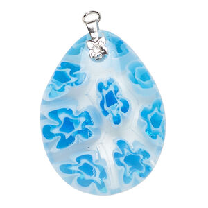Focal 1pkg1 millefiori glass and silver-finished steel, translucent clear / white / blue, 34x26mm-36x27mm puffed teardrop.