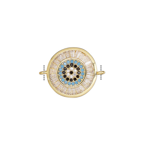 Link, cubic zirconia and gold-finished brass, clear / blue / black, 15mm single-sided round. Sold individually. image number 0