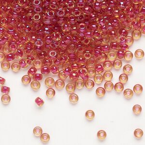 Seed bead, Miyuki, glass, pkg/250g, #8 rocaille, translucent light cranberry-lined luster topaz (RR-363).