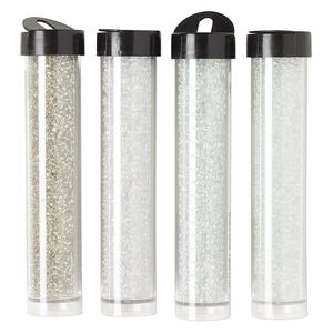 Seed bead assortment, Ming Tree™, glass, pkg/(4) 4 x 3/4 inch vials, #11 round, transparent silver-lined rainbow clear.