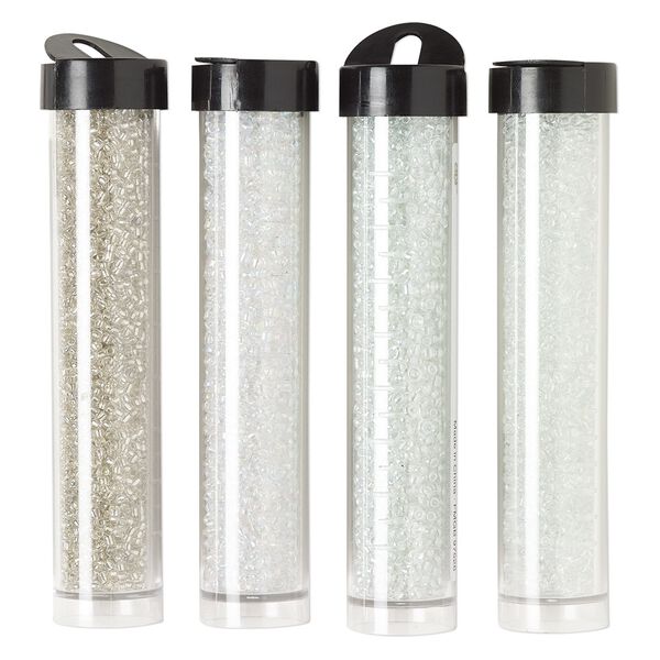 Seed bead assortment, Ming Tree™, glass, pkg/(4) 4 x 3/4 inch vials, #11 round, transparent silver-lined rainbow clear. image number 0