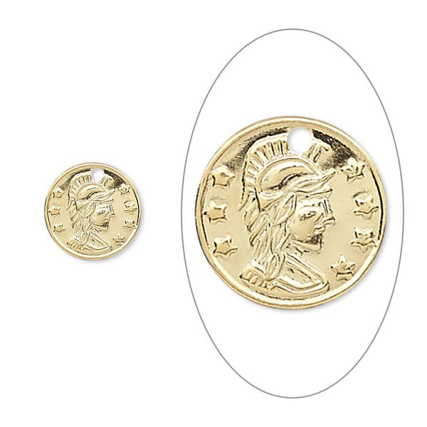 Charm, gold-plated brass, 10mm Roman coin replica. Sold per pkg of 50. image number 0