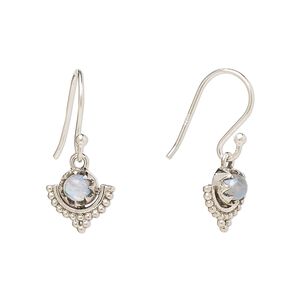 Earring, Create Compliments®, antiqued sterling silver and rainbow moonstone (natural), fishhook, 22m with 10mm single-sided beaded moon, 21 gauge. Sold per pair.