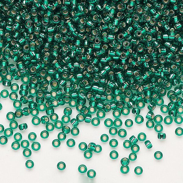 Seed bead, Miyuki, glass, pkg/250g, #11 rocaille, transparent silver-lined emerald green (RR-17). image number 0