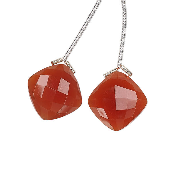 Bead, carnelian (dyed / heated), 17x17mm hand-cut top-drilled faceted puffed diamond, B grade, Mohs hardness 6-1/2 to 7. Sold per pkg of 2 beads. image number 0
