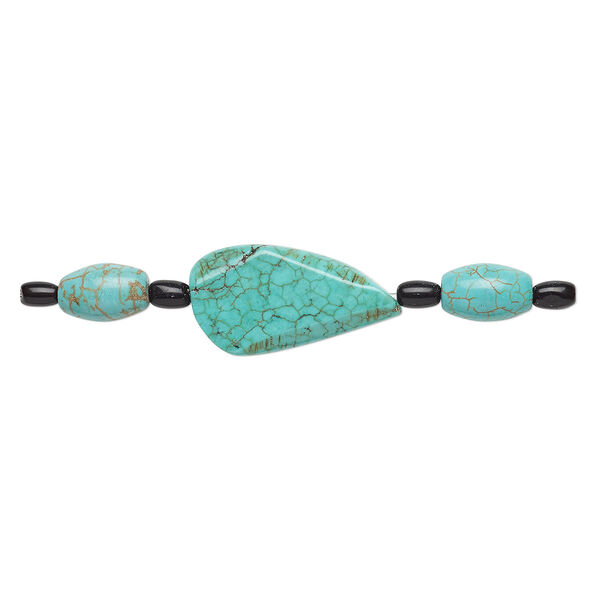 Bead mix, "turquoise" (imitation) resin and glass, light teal green / blue-green / black, 5x4mm-6x4mm barrel / 12x8mm-13x8mm oval / 28x15mm-30x16mm freeform. Sold per pkg of 7. image number 0