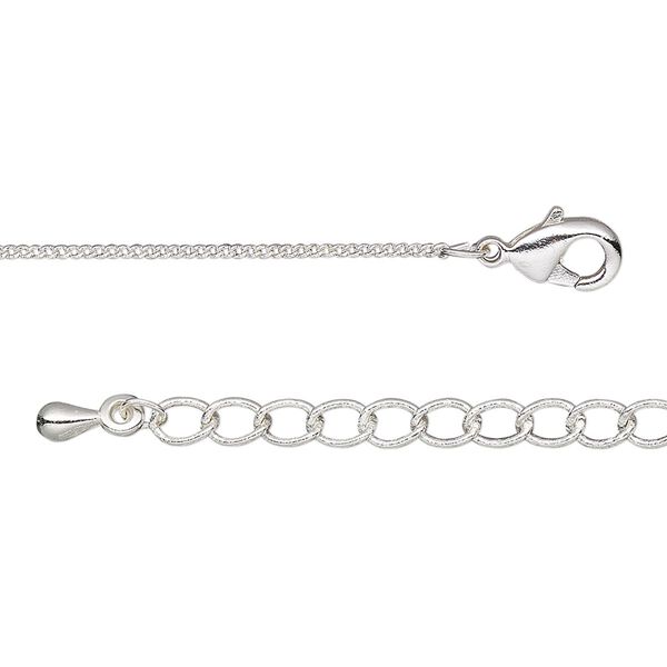 Chain, silver-plated brass, 1mm curb, 18 inches with 2-inch extender chain and lobster claw clasp. Sold individually. image number 0