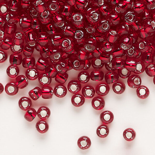 Seed bead, Dyna-Mites™, glass, transparent silver-lined ruby red, #6 round. Sold per 40-gram pkg. image number 0
