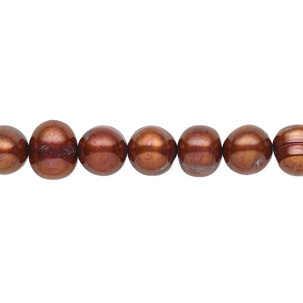 Pearl, cultured freshwater (dyed), copper, 6-7mm semi-round with 0.4-0.6mm hole, D grade, Mohs hardness 2-1/2 to 4. Sold per 14-inch strand. image number 0