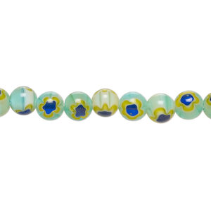Bead, millefiori glass 1pkg1, translucent light sky blue / cobalt blue / golden yellow, 6mm round, 15 inches.