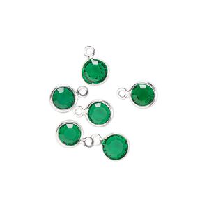Drop, glass rhinestone and silver-finished brass, emerald green, 6-6.5mm faceted round. Sold per pkg of 6.