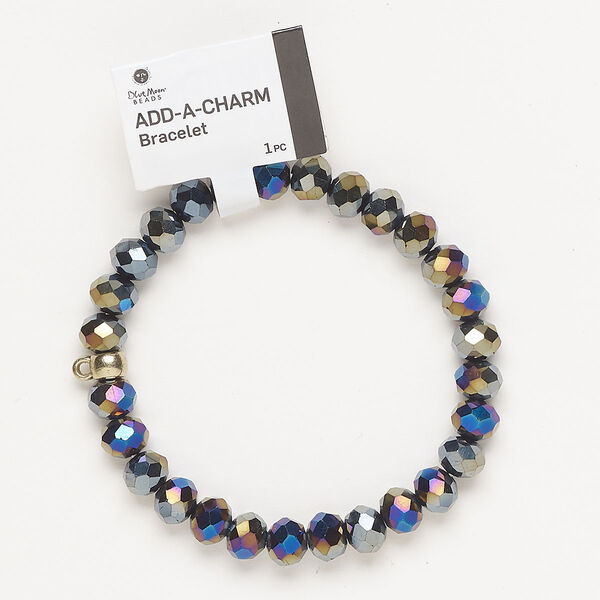 Bracelet, stretch, gold-finished brass and glass, peacock AB and gunmetal, 8mm faceted rondelle and 5x6mm rondelle with bottom loop, 6-1/2 inches. Sold individually. image number 0