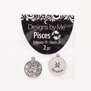 "Pewter" (zinc-based alloy) / enamel 1pkg2, 2-sided round charm / Pisces / "Intuitive" antique silver-finish / black 17mm