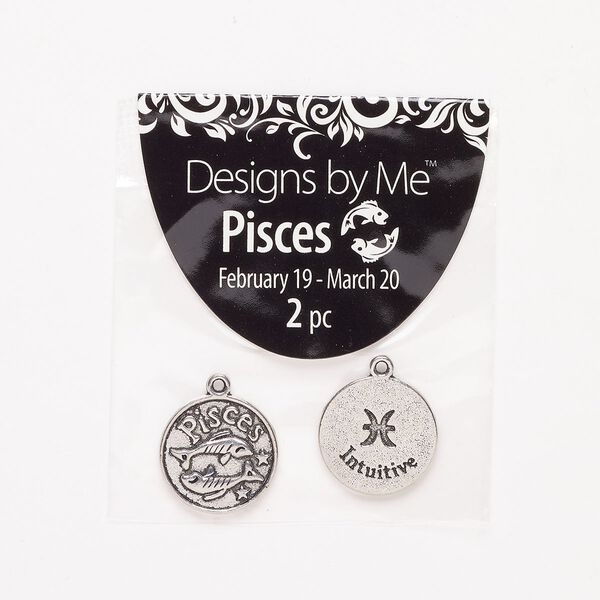 "Pewter" (zinc-based alloy) / enamel 1pkg2, 2-sided round charm / Pisces / "Intuitive" antique silver-finish / black 17mm image number 0