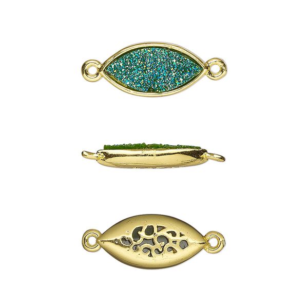 Link, Druzylite™, "druzy" (resin) and gold-finished brass, green, 16x8mm two-sided marquise with open filigree back. Sold per pkg of 4. image number 0