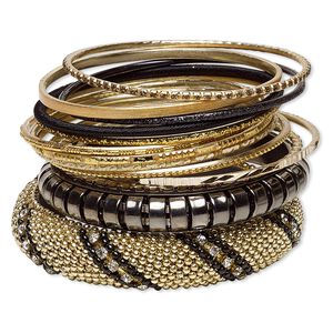 Bracelet, bangle, resin / glass rhinestone / polyester / gold-finished aluminum / gunmetal-finished steel, assorted colors with glitter, 2.5-17mm wide, 8 inches. Sold per 13-piece set.
