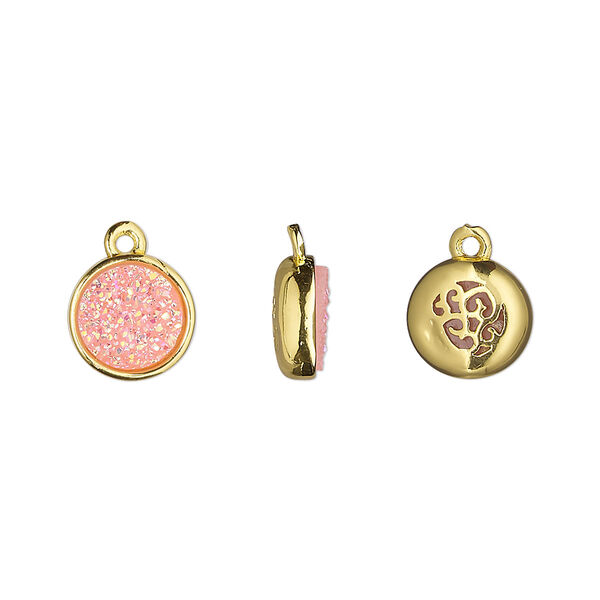 Drop, Druzylite™, "druzy" (resin) and gold-finished brass, pink, 9.5mm two-sided round with open filigree back. Sold per pkg of 4. image number 0
