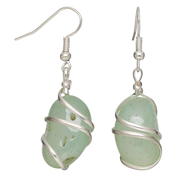 Earring, chalcedony (dyed) and silver-plated copper, green, 45mm with small to medium nugget and fishhook ear wire, 22 gauge. Sold per pair. image number 0