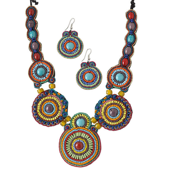 Necklace and earring set, Everyday Jewelry, glass / velveteen / waxed cotton cord / silver-plated steel, multicolored, adjustable 20-28 inches with knot closure, 2-inch earrings with fishhook ear wire. Sold per set. image number 0