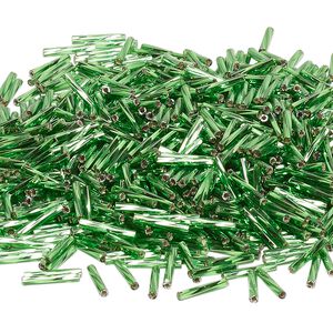 Bead, Miyuki, bugle bead, glass, pkg/50 g, 12x2mm center-drilled twisted, silver-lined translucent green, (TW-16).