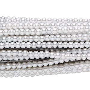 Bead, acrylic on steel, white, 3mm round. Sold per pkg of (12) 30-inch strands, approximately 3,600 beads.