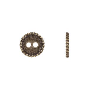 Button, antiqued brass-finished "pewter" (zinc-based alloy), 12.5mm double-sided flat round with rope edge. Sold per pkg of 50.
