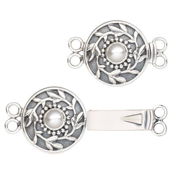 Clasp, 2-strand tab, cultured freshwater pearl (bleached) and antiqued sterling silver, white, 17mm round with 5mm round. Sold individually. image number 0