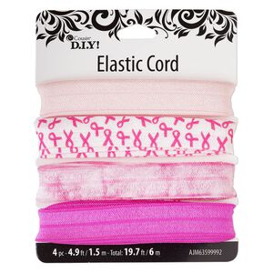 Cord, elastic, multi-pink, 15mm flat with Breast Cancer Awareness theme. Sold per pkg of (4) 1.5 meter sections.