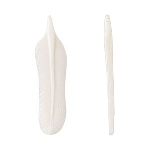 Focal, bone (bleached), 2-1/2 x 2/3 inch hand-cut side-drilled, 2-sided carved feather. Sold individually.
