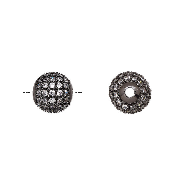 Bead, cubic zirconia and black-finished brass, clear, 9.5mm textured round. Sold individually. image number 0
