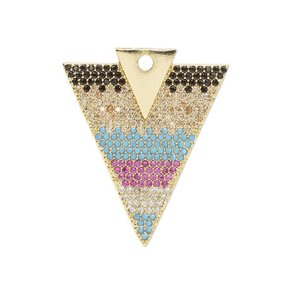 Drop, cubic zirconia and gold-finished brass, multicolored, 29.5x24.5mm single-sided arrowhead. Sold individually. image number 0