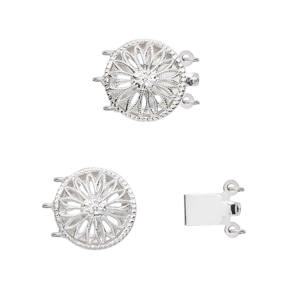 Clasp, 3-strand tab, sterling silver, 13mm filigree round. Sold individually. image number 0