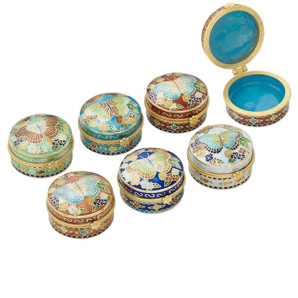 Box, cloisonné, enamel and gold-finished brass, multicolored, 1-9/16 x 7/8 inch round with butterfly design. Sold per 6-piece set. image number 0