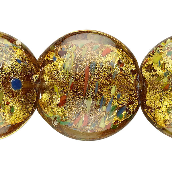 Bead, lampworked glass, golden yellow with silver-colored foil, 28mm puffed flat round. Sold per pkg of 6. image number 0