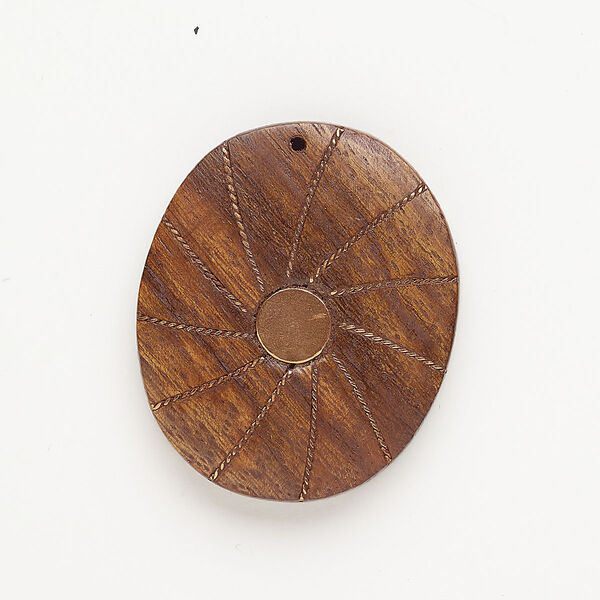 Focal, copper and wood (dyed), pkg/1, 48x38mm-49x41mm top-drilled flat oval, rose gold finish. image number 0