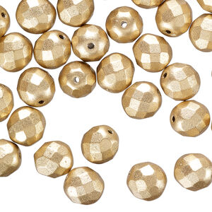 Bead 1pkg50 Czech fire-polished glass, opaque satin gold, 8mm faceted round.