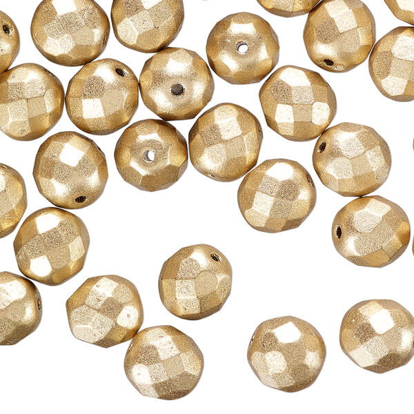 Bead 1pkg50 Czech fire-polished glass, opaque satin gold, 8mm faceted round. image number 0