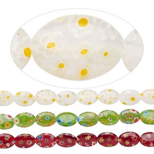 Bead, millefiori glass, translucent multicolored, 14x10mm puffed oval with flower design. Sold per pkg of (3) 14-inch strands.