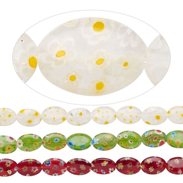 Bead, millefiori glass, translucent multicolored, 14x10mm puffed oval with flower design. Sold per pkg of (3) 14-inch strands. image number 0