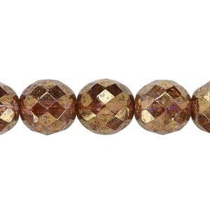 Bead, Czech fire-polished glass, copper luster, 12mm faceted round. Sold per pkg of 600 (1/2 mass).