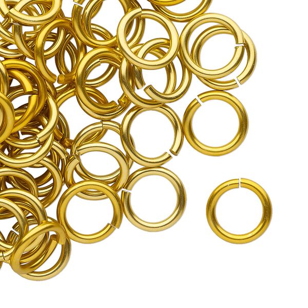 Jump ring, anodized tempered aluminum, gold, 10mm round, 7.2mm inside diameter, 15 gauge. Sold per pkg of 100. image number 0