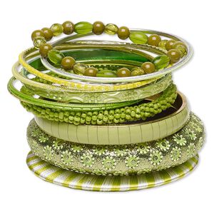 Bracelet, bangle, resin / polyester / glass / brass / gold-finished aluminum, assorted colors with glitter, 2.5-17mm wide, 7-1/2 to 8 inches. Sold per 12-piece set.